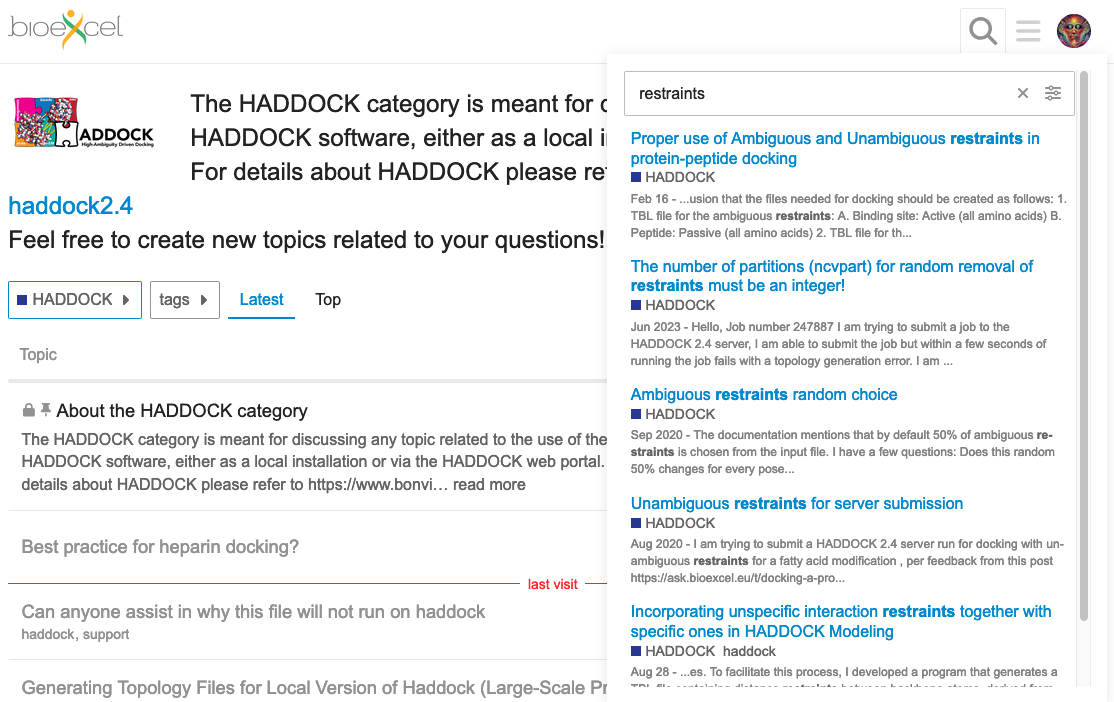 a screenshot of the AskBioExcel forum search engine querying restraints